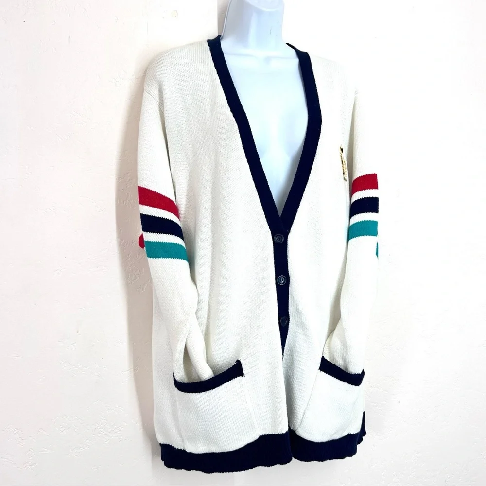 Vintage 80-90s Preppy Collegiate Ivory Crested Striped Cardigan L Princess Diana